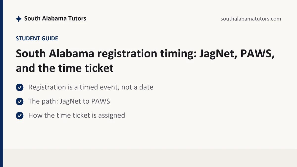 South Alabama registration timing: JagNet, PAWS, and the time ticket, a South Alabama student guide, from South Alabama Tutors
