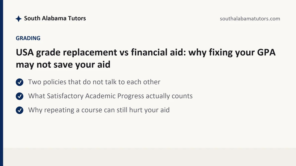 USA grade replacement vs financial aid: why fixing your GPA may not save your aid, a South Alabama student guide, from South Alabama Tutors